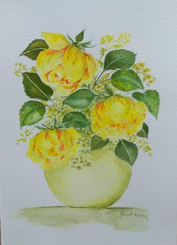 Janet R, Alchemillia Mollis with roses, watercolour.